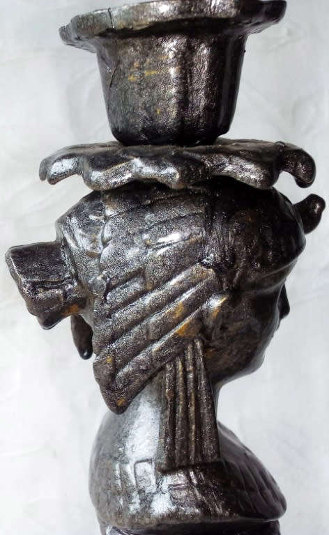 PAIR OF MATCHING EGYPTIAN DESIGN SOLID BRASS CANDLESTICKS COLOURED TO LOOK LIKE PEWTER