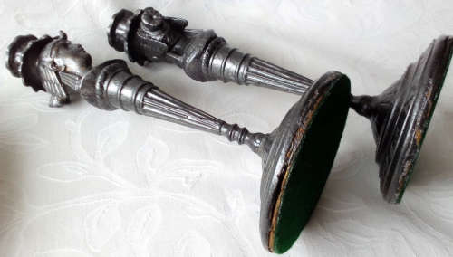PAIR OF MATCHING EGYPTIAN DESIGN SOLID BRASS CANDLESTICKS COLOURED TO LOOK LIKE PEWTER