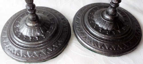 PAIR OF MATCHING EGYPTIAN DESIGN SOLID BRASS CANDLESTICKS COLOURED TO LOOK LIKE PEWTER