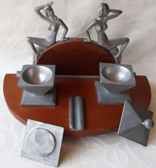 ART DECO, DESK TIDY AND PEN REST, GLAMOUROUS PEWTER LADYS AND LIDDED POTS ON WOODEN STAND.