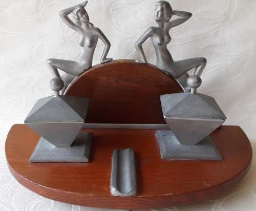 ART DECO, DESK TIDY AND PEN REST, GLAMOUROUS PEWTER LADYS AND LIDDED POTS ON WOODEN STAND.