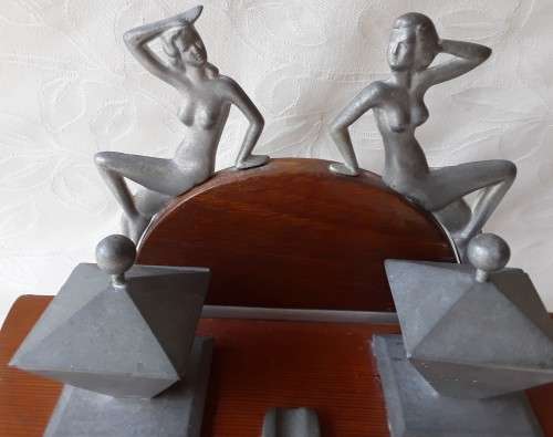 ART DECO, DESK TIDY AND PEN REST, GLAMOUROUS PEWTER LADYS AND LIDDED POTS ON WOODEN STAND.