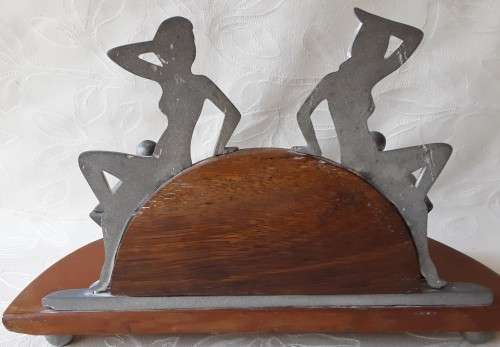 ART DECO, DESK TIDY AND PEN REST, GLAMOUROUS PEWTER LADYS AND LIDDED POTS ON WOODEN STAND.