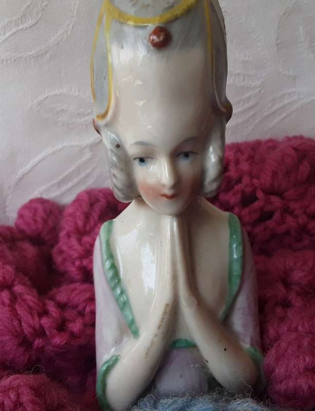 ANTIQUE, PORCELAIN HALF DOLL DRESSED AS A TEACOSY, POSSIBLY GERMAIN, I CANNOT READ THE MARKINGS,