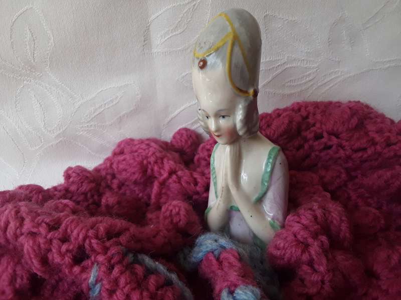 ANTIQUE, PORCELAIN HALF DOLL DRESSED AS A TEACOSY, POSSIBLY GERMAIN, I CANNOT READ THE MARKINGS,