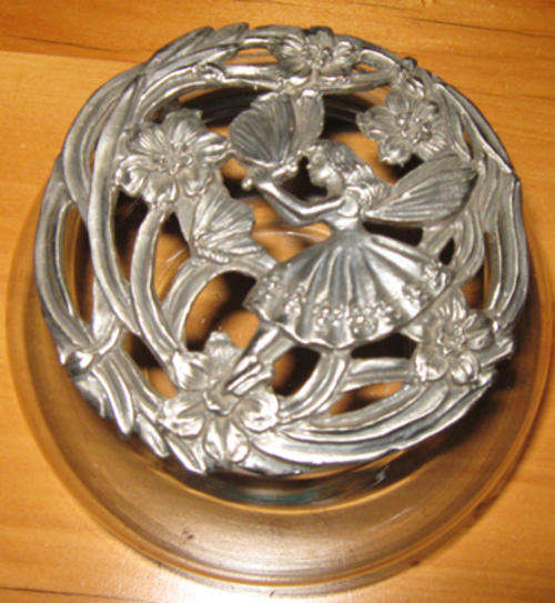 Glass Trinket bowl, pretty metal lid with fairy and flowers