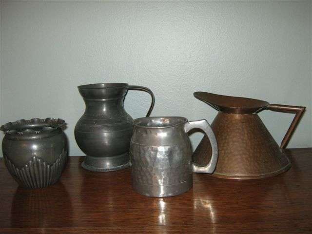 THREE PIECES PEWTER WARE AND 1 COPPER JUG