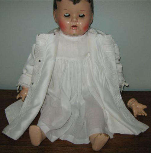 VINTAGE, WELL DRESSED, DEE AND DEE COMPOSITION DOLL IN NEED OF A GOOD HOME.
