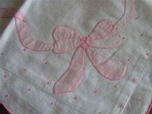 VINTAGE CUSHION  HAND APPLIQUED, WITH RIBBON AND BOW DESIGN