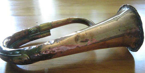 VINTAGE COPPER BUGLE, PLENTLY OF CHARACTER, MOUTH PIECE MISS.