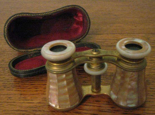 LADIES OPERA GLASSES, BRASS WITH MOTHER OF PEARL, IN LEATHER CASE.