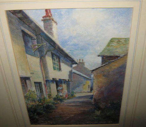 WATERCOLOUR BY W.W.GLEAVE 1937, OF A" OLDE WORLDE LANE" WITH WOMAN AND CHILD,  CHARMING !!!!