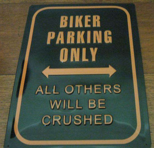 BIKER PARKING ONLY SIGN, EMBOSSED AND BAKED ENAMMEL SIGN, 30 X 40 CM.