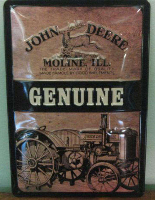 GENUINE JOHN DERE, EMBOSSED AND BAKED ENAMMELED METAL SIGN,20 X 30 CM.