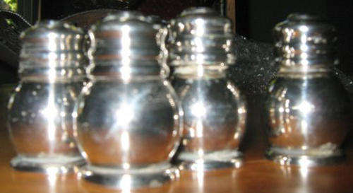 SET OF CONDIMENTS, 3 SALT AND 3 PEPPER, SILVER PLATE AND GOOD HEAVY QUALITY.