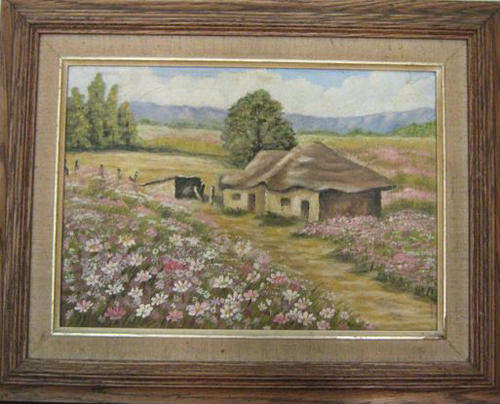 R1.00  COSMOS IN THE COUNTRY, OAK FRAMED OIL ON CANVAS.