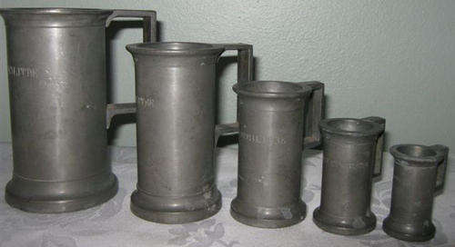 R1.00 START  ANTIQUE, SET OF FIVE PEWTER MEASURING JUGS..