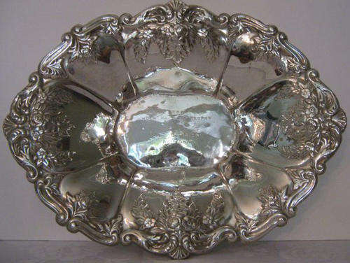 SILVER PLATED FRUIT BOWL WITH LOVELY " OVER THE TOP " DESIGN, CONDITION VERY GOOD.