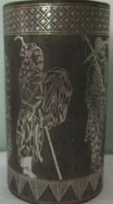 RARE, ANTIQUE QIANLONG, WITH SEAL MARK, IRON BRUSH POT WITH SILVER INLAY.
