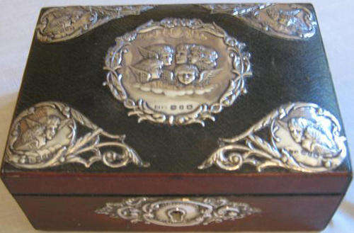 VICTORIAN LEATHER CLAD SEWING BOX, HALL MARKED, SILVER MOUNTINGS, 1898-1899
