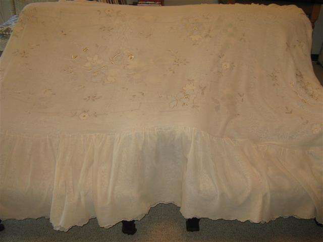 VINTAGE PAIR OF CREAM BED COVERS, EMBROIDERED ONTO FINE VOILE, BEAUTIFUL !!