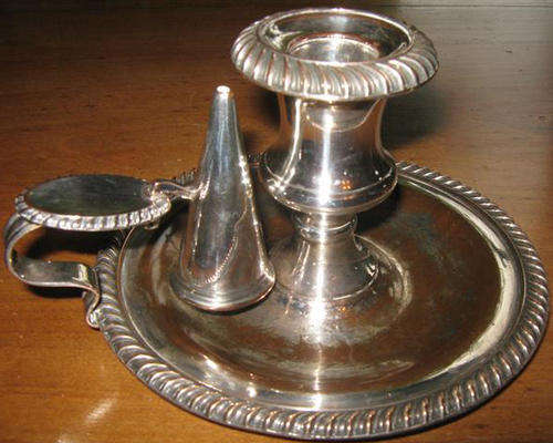 VINTAGE AND ELEGANT, SILVER PLATED, OVER COPPER, CANDLE STICK HOLDER WITH A SNUFFER. LOVELY !!!