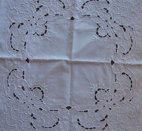 BEAUTIFUL, WHITE ON WHITE EMBROIDERED TEA CLOTH, SIZE 80 X 80 PERFECT !!!