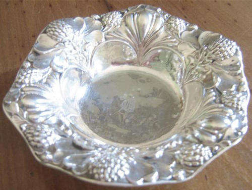 STERLING SILVER, BON BON DISH DECORATED WITH PROTEA FLOWERS,LOVELY !!