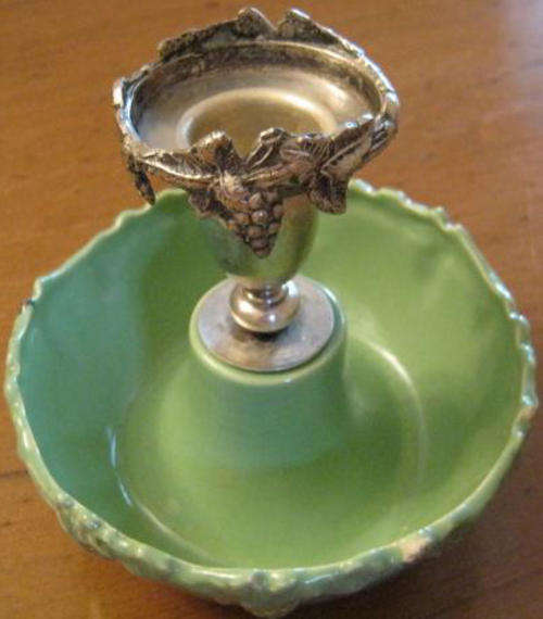 R1.00   ART NOUVEAU CANDLE HOLDER, PORCELAIN FLOWER BOWL WITH ATTATCHED SILVER PLATED CANDLE HOLDER.