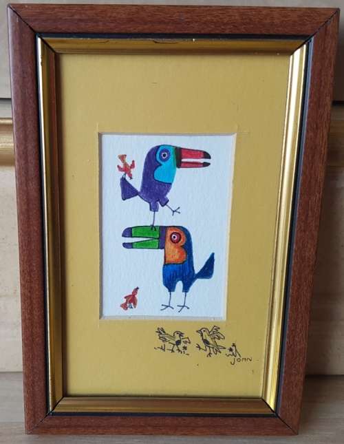 WATER COLOUR FUNCKY BIRD PAINTING BY JOAN