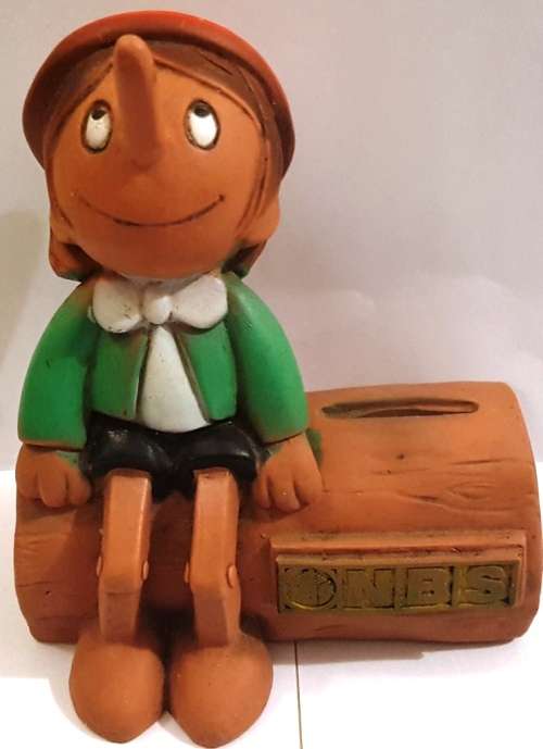 Retro 1979 NBS Bank rubber Apollo Film Pinocchio Money Box Withhout  lid by Prima Toys
