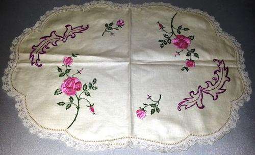 Retro linen hand embroidered and crochetted Tray cloths.Approx.Large 47cm x 34cm