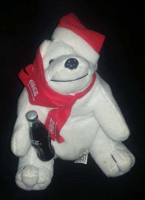Sitting Coca Cola Christmas Polar Bear with Santa Hat, Coca Cola Scarf, and Coca Cola Bottle