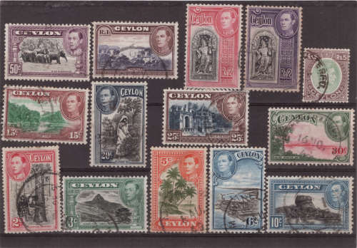 CEYLON 1938 KGVI DEFINITIVE SET OF 14 FINE USED. (SOME TONED PERFS) SG 386-397. CAT 30 POUNDS