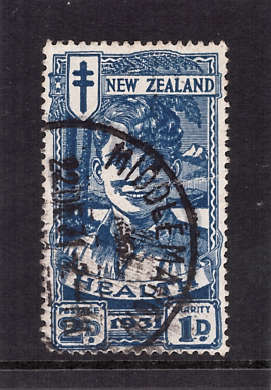 NEW ZEALAND 1931 'HEALTH STAMPS' SMILING BOY 2d + 1d BLUE FINE USED. SG 547. CAT 60 POUNDS
