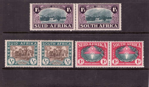 SOUTH AFRICA 1939 '250TH ANNIV OF THE HUGUENOT LANDING' SET OF 3 PAIRS MM. SACC 81-83. CAT R600 FOR