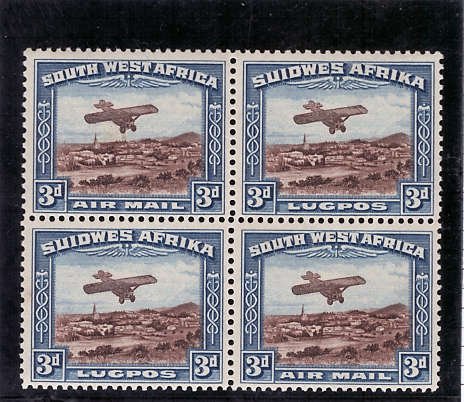 SOUTH WEST AFRICA 1931 AIRMAIL 3d BLOCK OF 4 UMM BUT LIGHT GUM DISTURBANCE. SACC 101. CAT R1060  MM