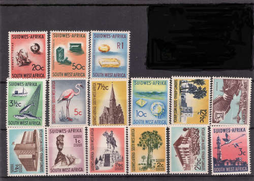 SOUTH WEST AFRICA 1961 DEFINITIVE SET OF 15 VERY LIGHTLY MOUNTED MINT. SACC 199-213.CAT R555 FOR UMM