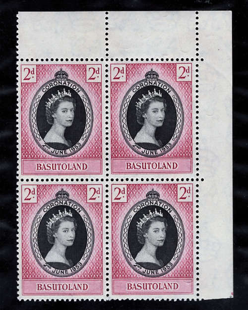 BASUTOLAND 1953 CORONATION OF QEII UNMOUNTED MINT TOP RIGHT MARGINAL BLOCK OF 4. SG42. CAT R50