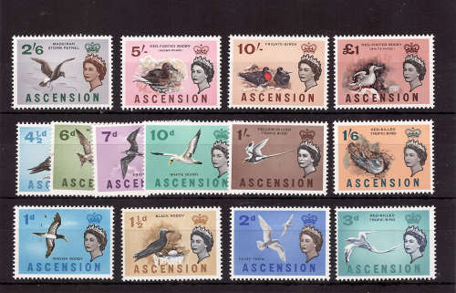 ASCENSION 1963 QE II 'BIRDS' DEFINITIVE SET OF 14 LIGHTLY MOUNTED MINT. SG 70-83. CAT R1164 FOR UMM