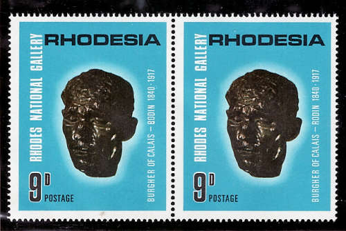 RHODESIA 1967 NATIONAL GALLERY 9d PAIR WITH 'BODEN' VAR & 'DOT UNDER HYPHEN' FLAW. UMM. SACC 172a-b.