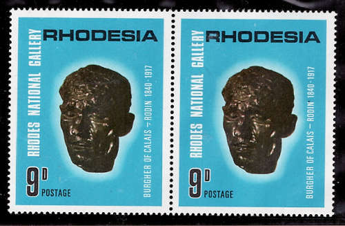 RHODESIA 1967 NATIONAL GALLERY 9d PAIR WITH 'BODEN' VAR & 'DOT UNDER HYPHEN' FLAW. UMM. SACC 172a-b.
