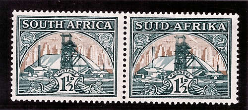 SOUTH AFRICA 1933-48 DEFIN 1,5d GRREN & GOLD (INVERTED WATERMARK)BROKEN CHIM&F SG57b CAT R550 UMM