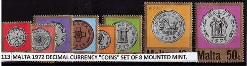 MALTA 1972 DECIMAL CURRENCY "COINS" SET OF 8 MOUNTED MINT. SG 467-74 CAT 1.25 POUNDS