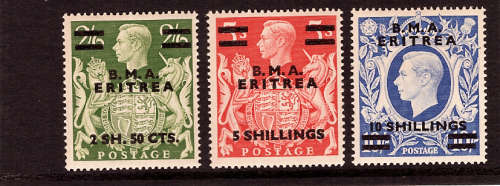 BRITISH OCCUPATION OF ITALIAN COLONIES - ERITREA 1950 KGVI 3 TOP VAL MOUNTED MINTSG E10-E12 CAT