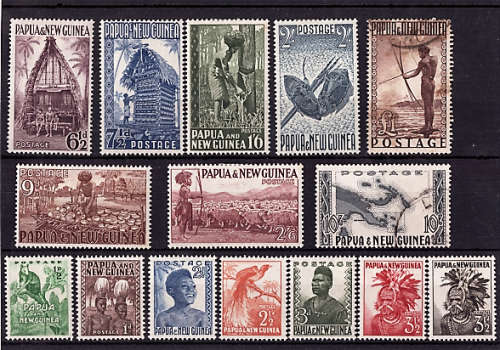 PAPAU NEW GUINEA 1952-58 DEFINITIVE PART SET OF 15 (NO1.-) FMM EXCEPT 10.- and 1 POUND USED