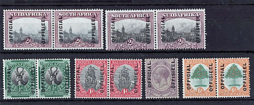 SOUTH AFRICA 1926-30 OFFICIALS 1.2d-6d MOUNTED MINT PAIRS.SG 01-03,05,05a and 06.CAT R1500