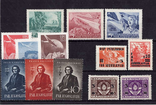 YUGOSLAVIA 1949-50 5 COMPLETE UNMOUNTED MINT SETS.SG 634-36,611-13,617-8,602-4,614-5