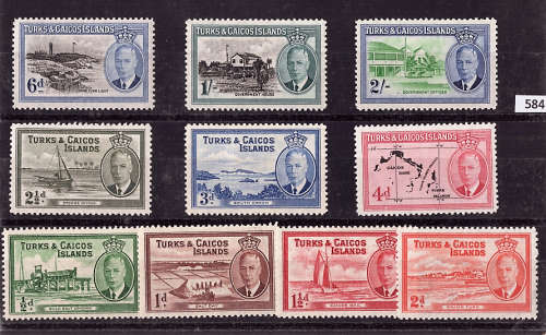 TURKS and CAICOS ISLANDS 1950 KGV1 DEFINITIVE PART SET OF 10 MM.SG 221-29 and 231. CAT 27 POUNDS