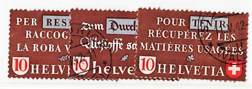 SWITZERLAND 1942 SALVAGE CAMPAIGN SET OF 3 VFU.INSCRIBED IN FRENCH,GERMAN,ITALIAN.SG 27F,427G,427